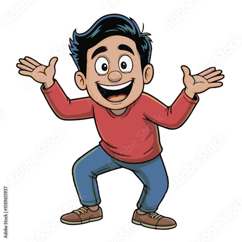 Happy cartoon boy running with arms raised, a winning smile