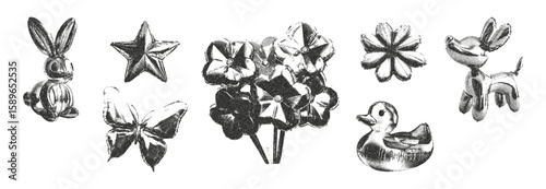 Trendy stipple photocopy effect inflatable balloon figures. Star, flowers, duck, butterfly grunge punk dots texture for collage design. Retro monochrome vector illustration on transparent background.