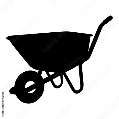 Monochrome illustration of a black wheelbarrow, commonly used in gardening and construction