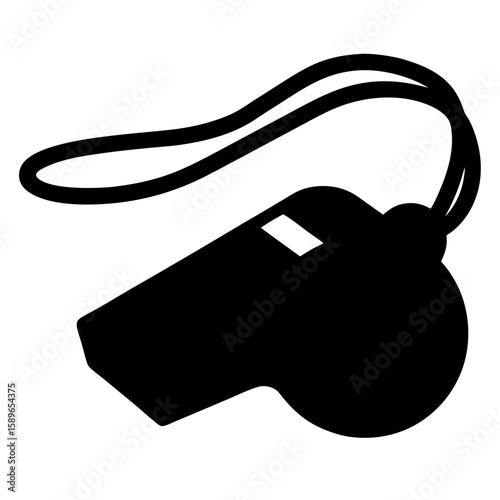 Black silhouette of a typical sports or safety whistle with lanyard