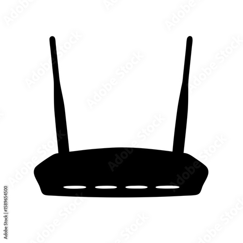 Black silhouette of a modern wireless router with antennas on a white background