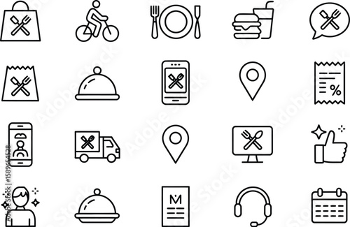 Food Delivery Service Icons Online Ordering, Bicycle, Truck