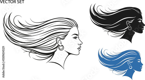 Woman face vector illustration set with flowing hair beauty salon graphic art