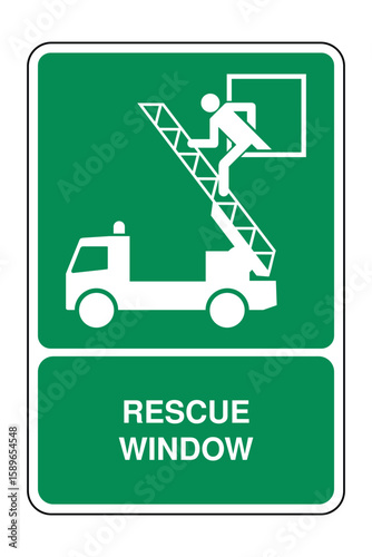 Emergency Rescue Access Sign with Fire Truck Ladder with Explanation – Fire Evacuation Symbol for High-Rise Window Escape, Safety Rescue Operation Vector Plate