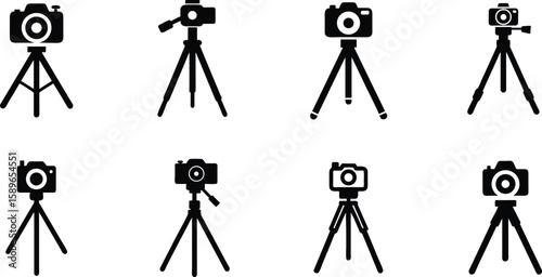 Camera on Tripod Silhouette Icons Vector Set. 