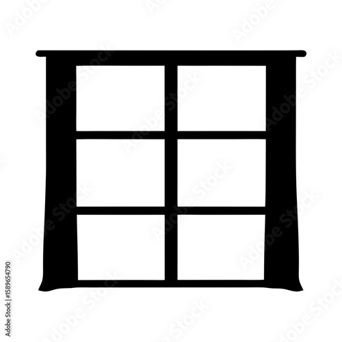 A simple black silhouette of a sixpane window on white background