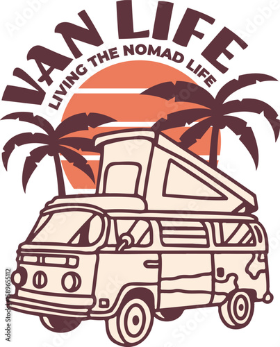 Van life sunset palm trees t shirt design living the nomad life camper van