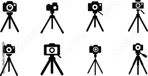 Camera on Tripod Silhouette Icons Vector Set. 