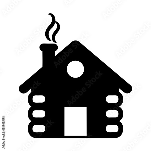 Stylized log cabin silhouette icon with smoking chimney and round window