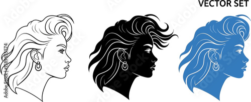 Vector illustration of woman face profile with hairstyle and earring set art