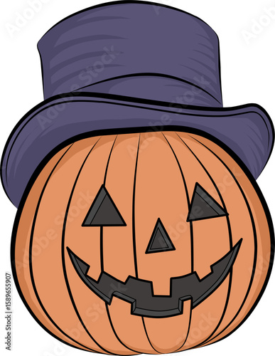 Smiling Jack-o'-Lantern with Purple Top Hat – Cute Halloween Pumpkin Illustration