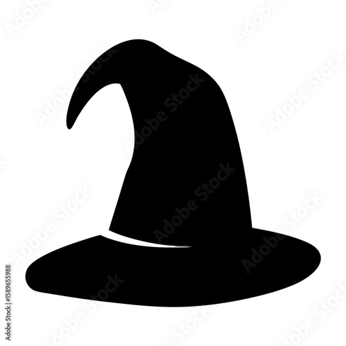 Black silhouette of a whimsical wizard hat against a white background