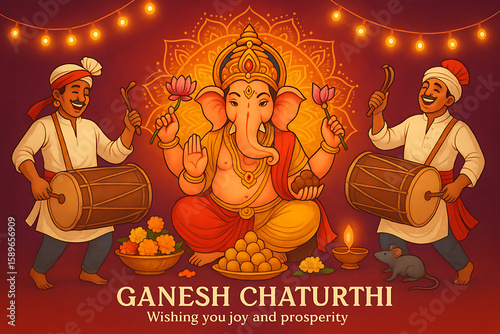 Ganesh Chaturthi Celebration with Lord Ganesha and Traditional Dhol Players