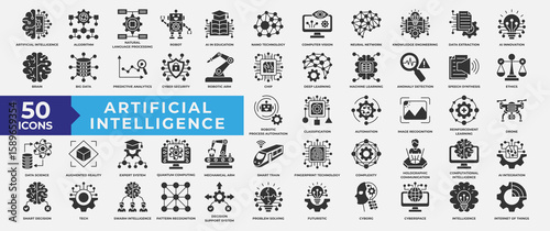 Artificial Intelligence icons set collection. Containing machine, learning, algorithm, neural, network, automation, intelligence, recognition and brain icon. Simple Solid Vector Illustration.