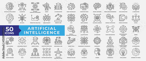Artificial Intelligence icons set collection. Containing machine, learning, algorithm, neural, network, automation, intelligence, recognition and brain icon. Simple Line Vector Illustration.
