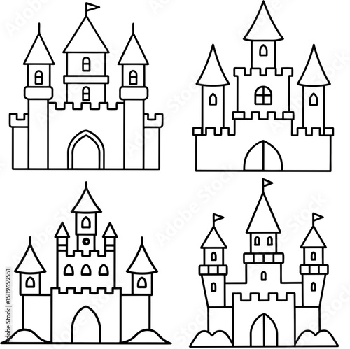 Castle Coloring Page – Medieval Fortress Line Art Illustration for Kids and Adults