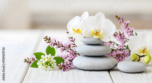 Zen-Inspired Still Life with Stacked Gray Stones and Delicate White Orchids on a Wooden Background