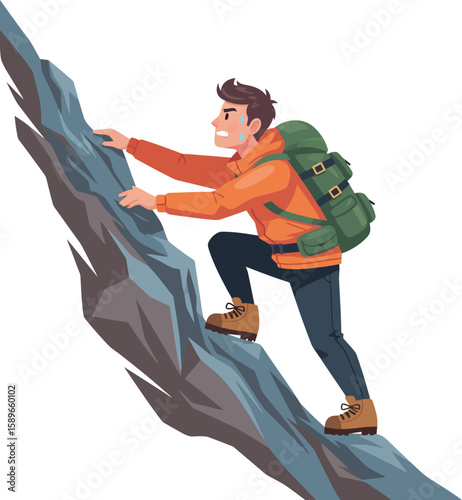 Cartoon man climbing a steep rock face with a backpack, determined expression.