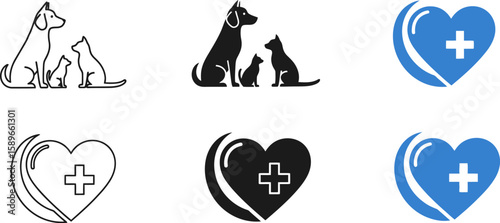 Veterinary clinic logo design with dog cat heart and plus sign for animal care