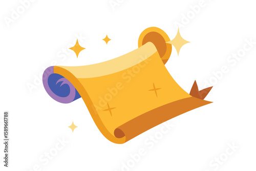 Cartoon Spell Scroll Rolled Open With Magical Sparks