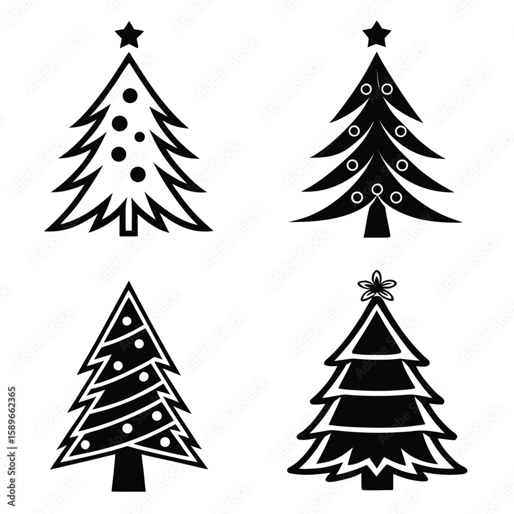 Obraz premium Four Black Christmas Tree Icons Vector Set