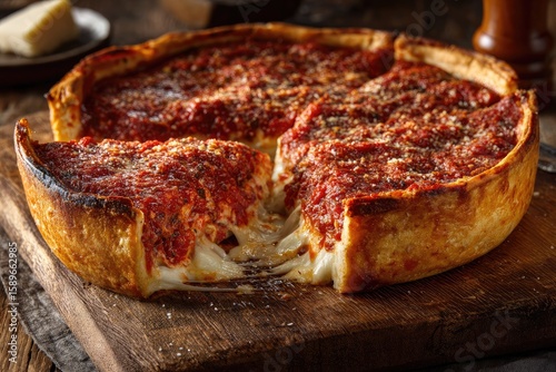 Deep-dish pizza with melted cheese, ready to eat