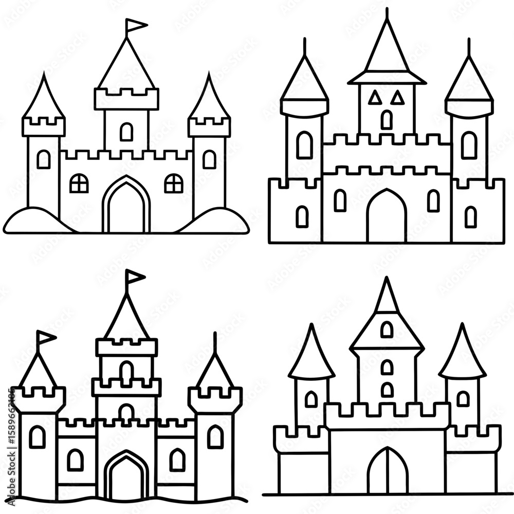 Fototapeta premium Old Castle Coloring Page – Medieval Fortress Line Art Illustration for Kids and Adults