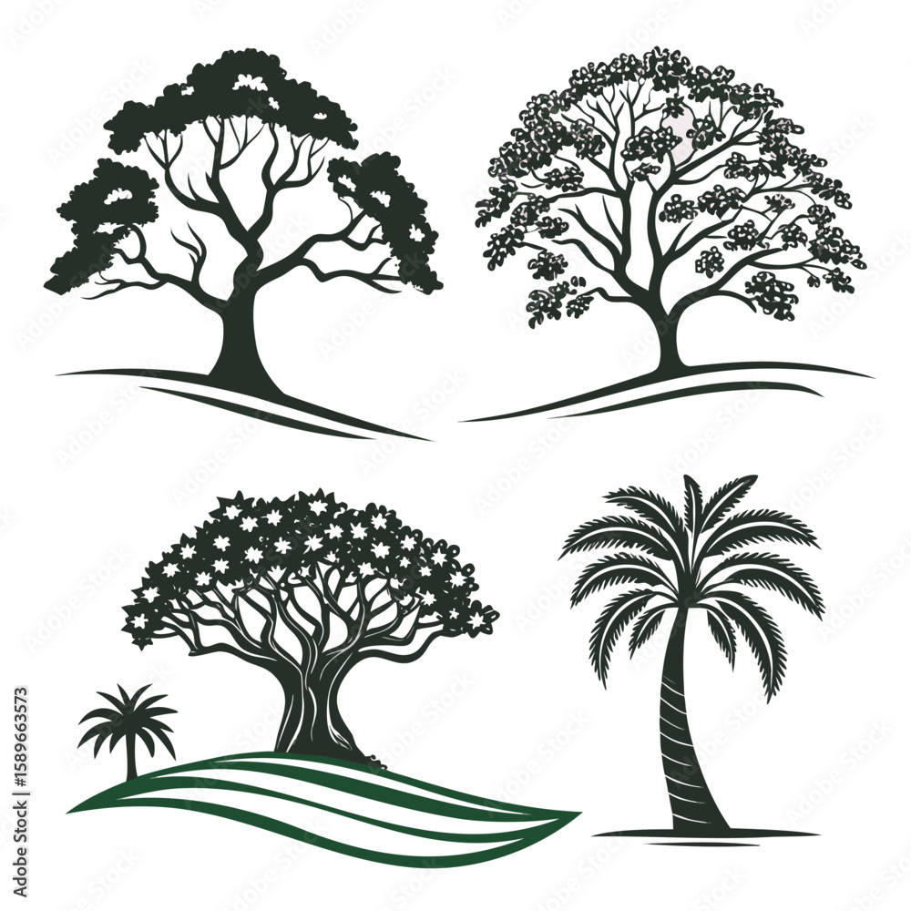 Fototapeta premium Four Dark Green Tree Silhouettes on White Background