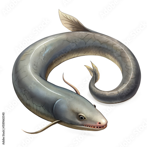 Artistic illustration of a eel fish with detailed features on a solid black background