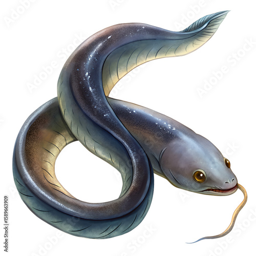 Beautifully illustrated cartoon eel on a black background featuring a long slender body