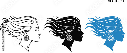 Woman face silhouette vector set beauty salon logo design hair style art drawing