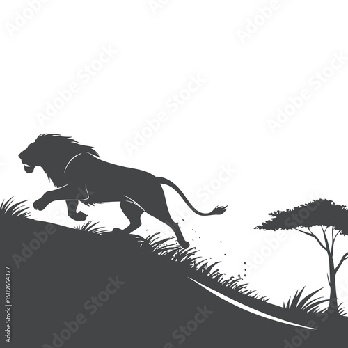 Lion Silhouette Climbing Hill in Natural Wildlife Habitat
