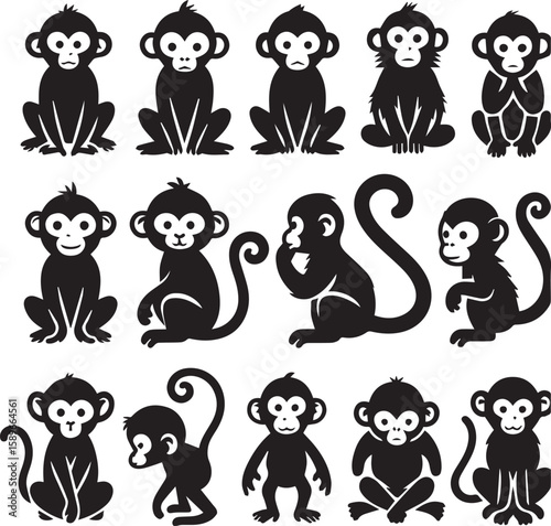 Black and White Monkey Silhouette Vector Set – Sitting, Walking, and Playing Poses