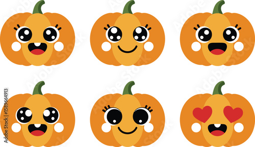 Six Cartoon Pumpkins with Various Facial Expressions