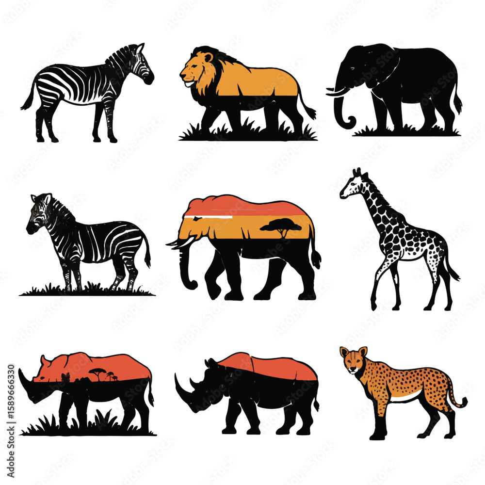 Naklejka premium Vector art of a set of african animal silhouettes including a zebra, lion, elephant, giraffe, rhino, and leopard