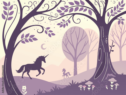 Enchanted forest with magical creatures. Whimsical fairy-tale vector, flowing organic shapes, ethereal lighting, and dreamy pastel hues