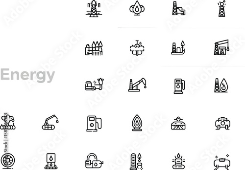 Collection of Energy Industry Icons, Line Art Style, Oil Rigs, Gas Station on White