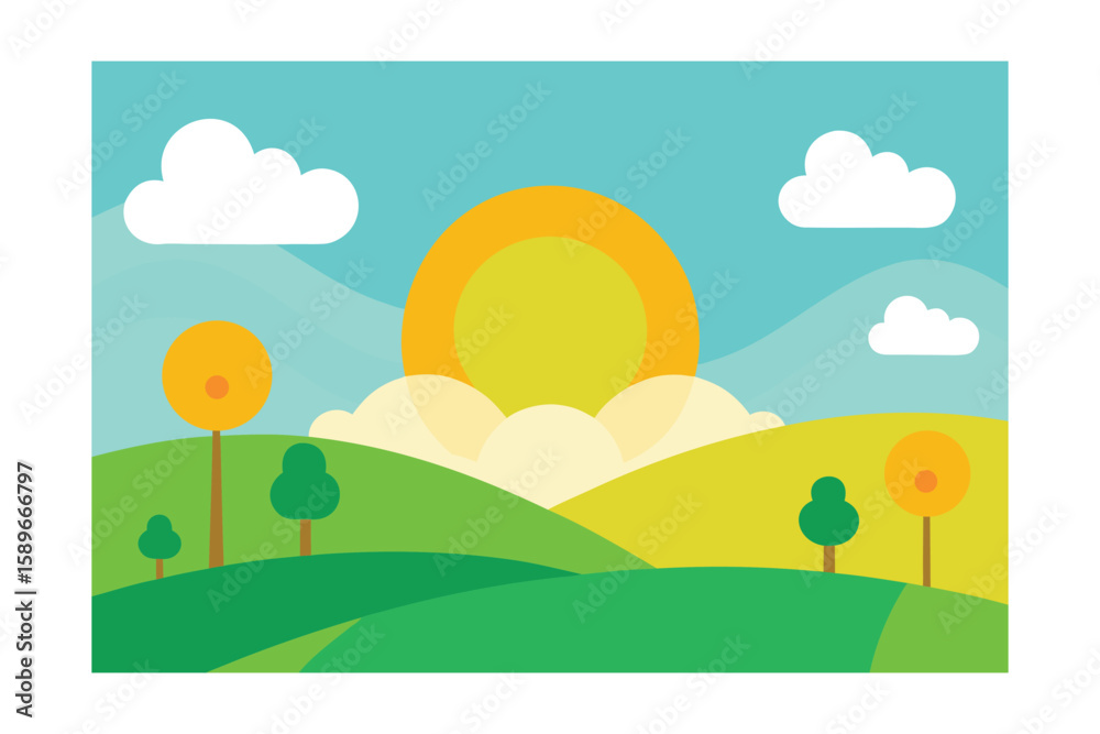 Fototapeta premium Cartoon Illustration Sunny Landscape Rolling Mountains