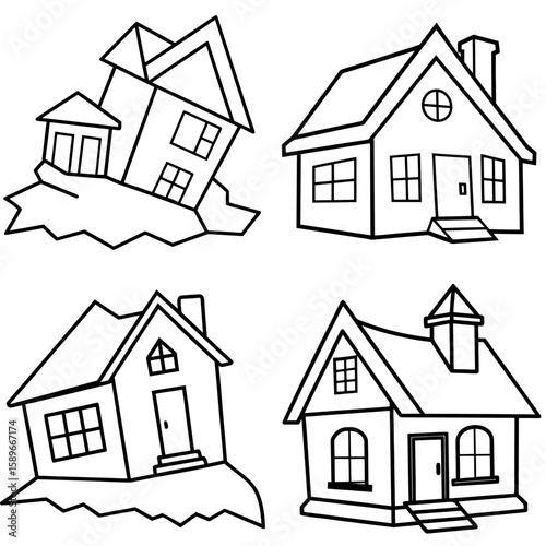 Tumble Down Old House Coloring Page – Abandoned Building Line Art Illustration for Kids and Adults
