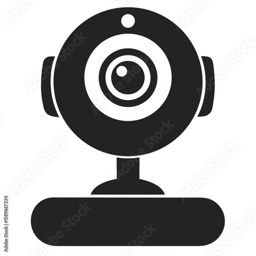 Black and white graphic illustration of a modern web camera for online meetings and video calls in minimalistic design