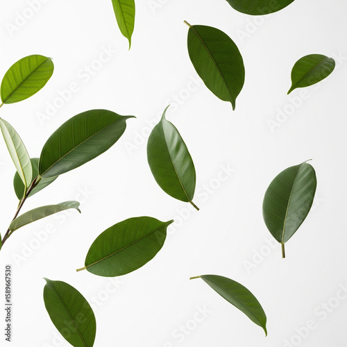 Minimalist clean shot of multiple ficus leaves floating against pure white background. Bright studio light copy