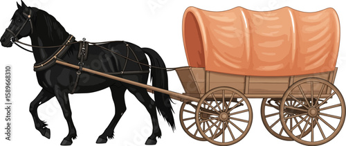 Black horse and covered wagon illustration for wild west themed designs