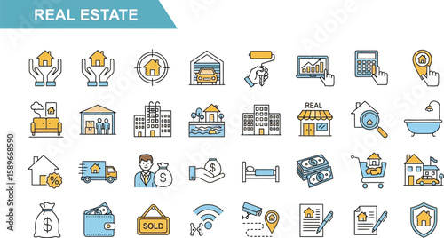 Real estate thin line icons set illustrating property and housing market