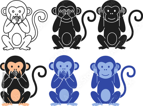 Three wise monkeys vector illustration see hear speak no evil drawing set