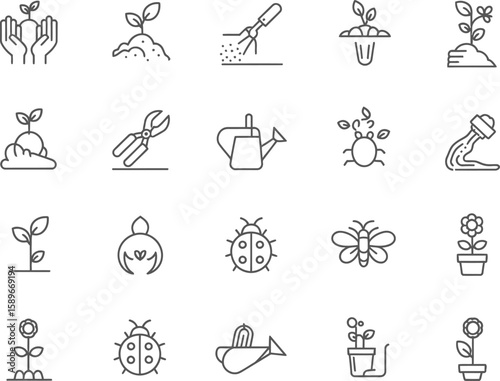 Gardening Outline Icons Set Plant, Pruner, Watering Can, Ladybug, Butterfly, Flower