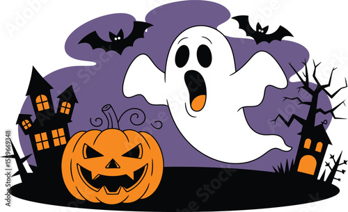 Halloween Illustration with Ghost Pumpkin Haunted House and Bats