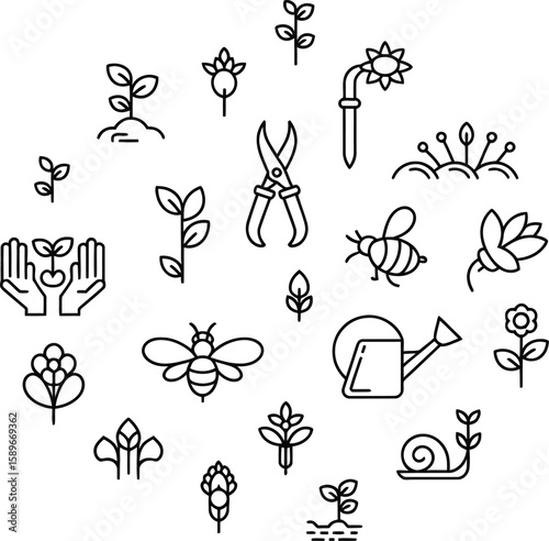 Gardening Line Icons, Isolated Plants, Bees, Watering Can & Pruning Shears Set