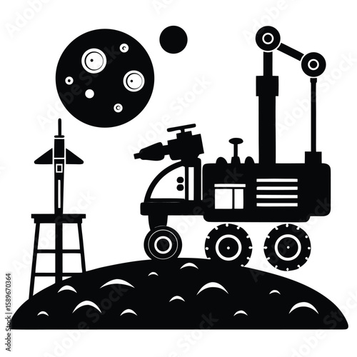 Black and white illustration of a rocket ship space rover moon craters and a planet with scientific exploration elements