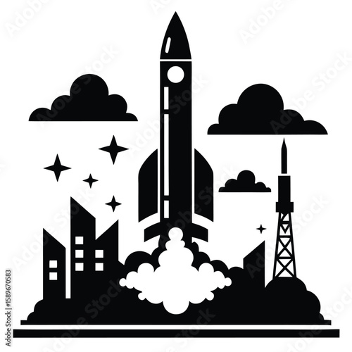 Black and white illustration of a rocket ship taking off from a launchpad representing space exploration and new beginnings