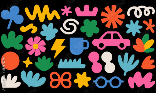 Colorful assorted shapes on a black background art